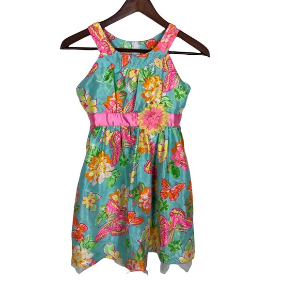 Holiday Editions Blue Orange Pink Spring Floral Tie Sleeveless Dress Girls Large - Picture 1 of 6